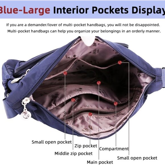 Women Nylon Shoulder Handbag Tote Crossbody Purse Multi-Pocket Large Capacity - Picture 5 of 6